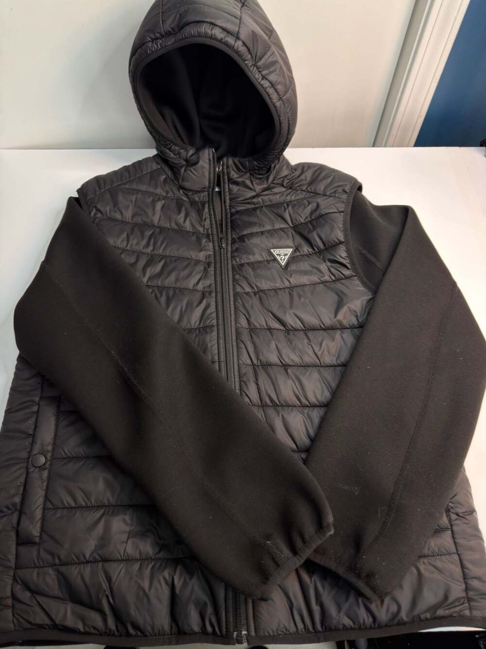 Guess Men's Black Hybrid Quilted Puffer Hoodie Jacket Size L